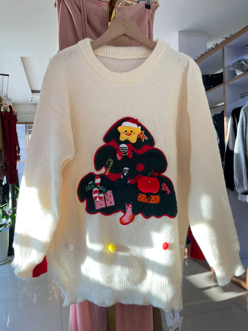 Christmas Tree Print Round Winter Pullover